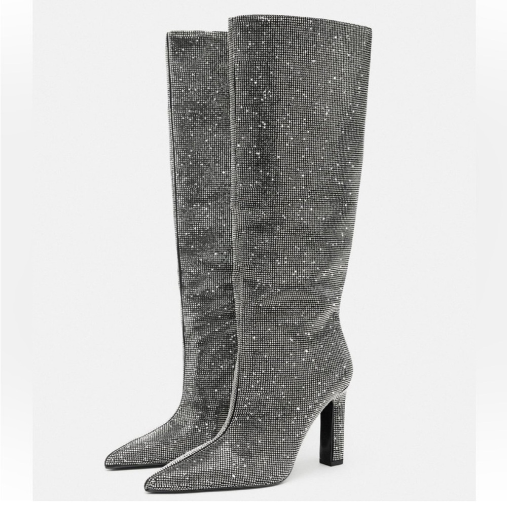 Zara NWT ✨ silver rhinestone Jeweled, sparkly bedazzled knee high heeled boots - Picture 2 of 6